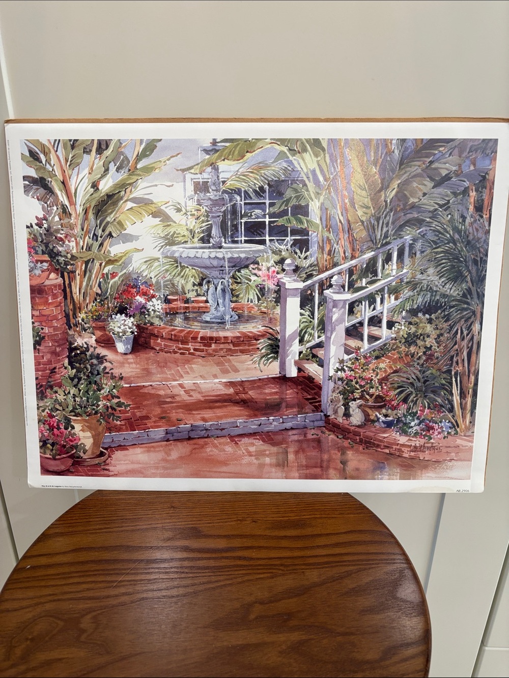 Garden Fountain Print Wall Art - Watercolor Courtyard Scene